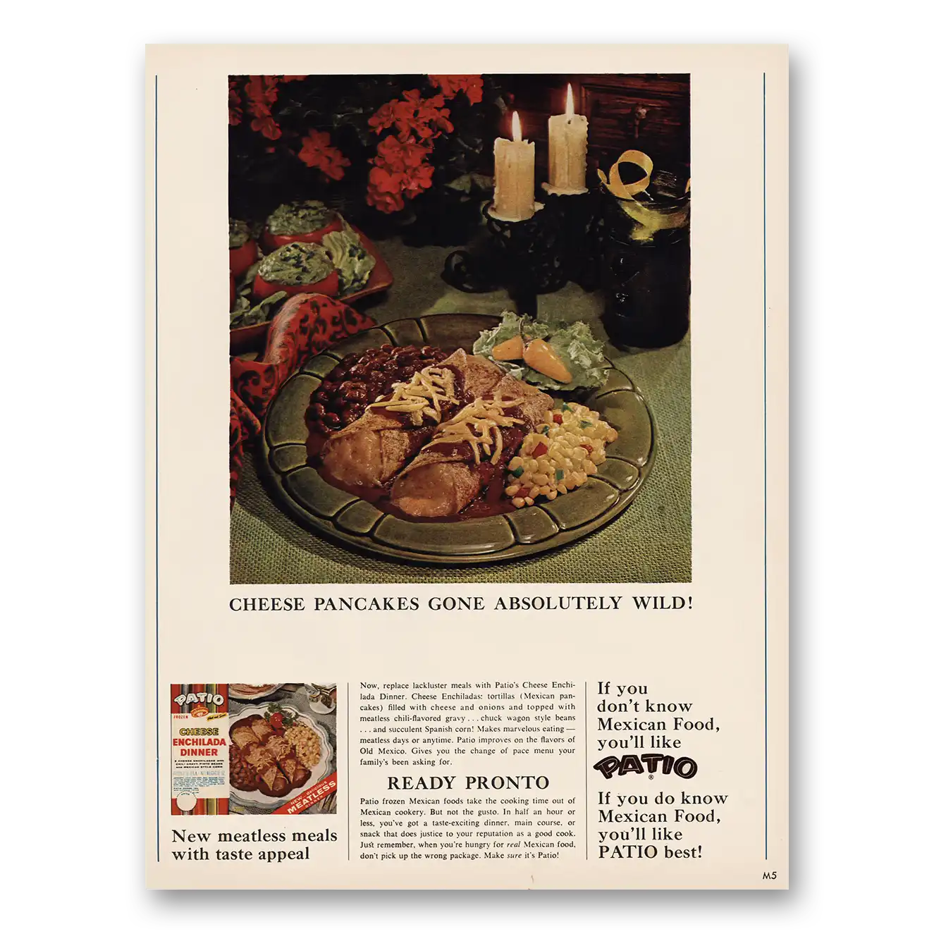 1966 Patio Frozen Food Print Ad | Cheese Enchilada Dinner