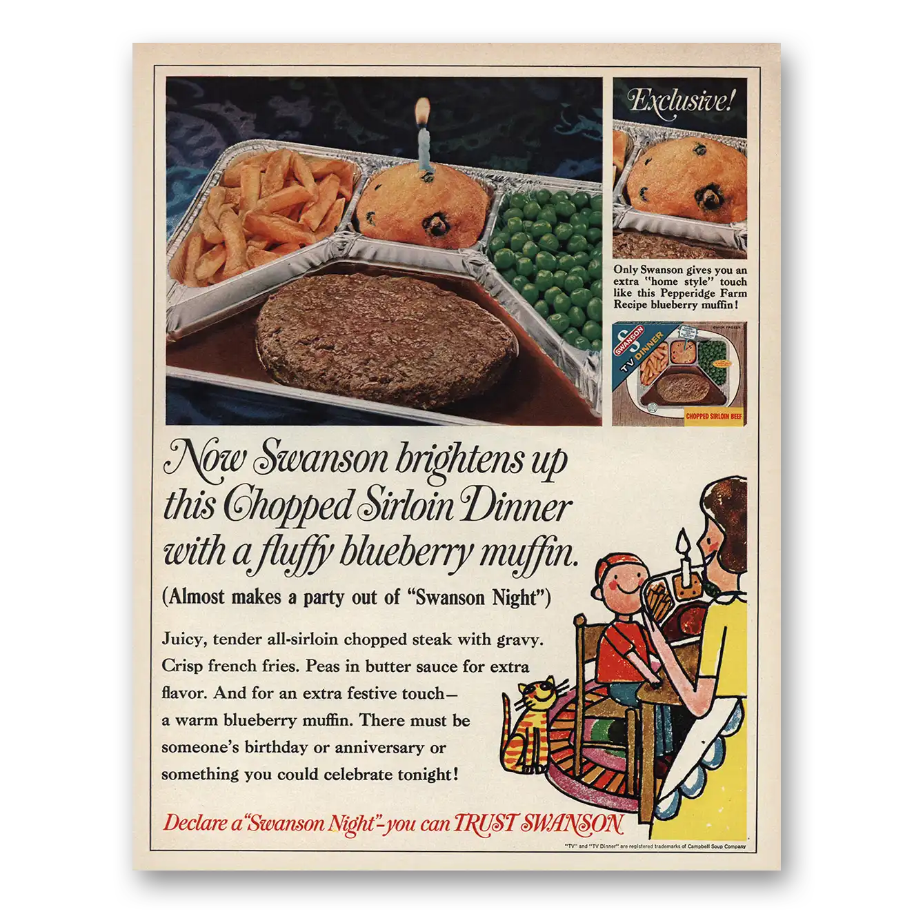1966 Swanson TV Dinner Print Ad | Chopped Sirloin Beef