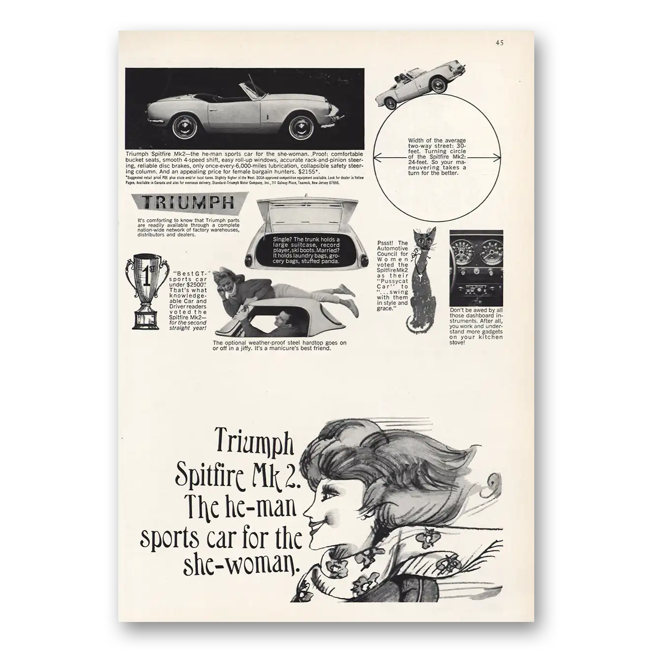 1966 Triumph Spitfire Print Ad | He Man Sports Car For She Woman