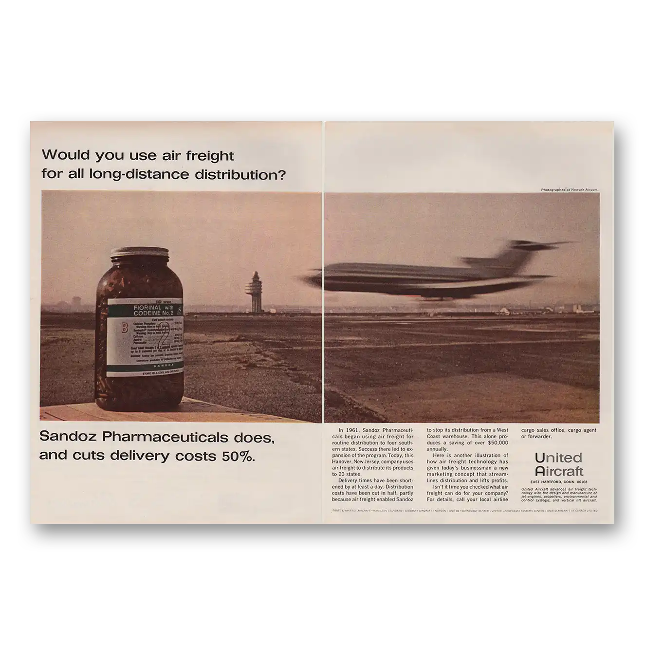 1966 United Aircraft Print Ad | Sandoz Pharmaceuticals