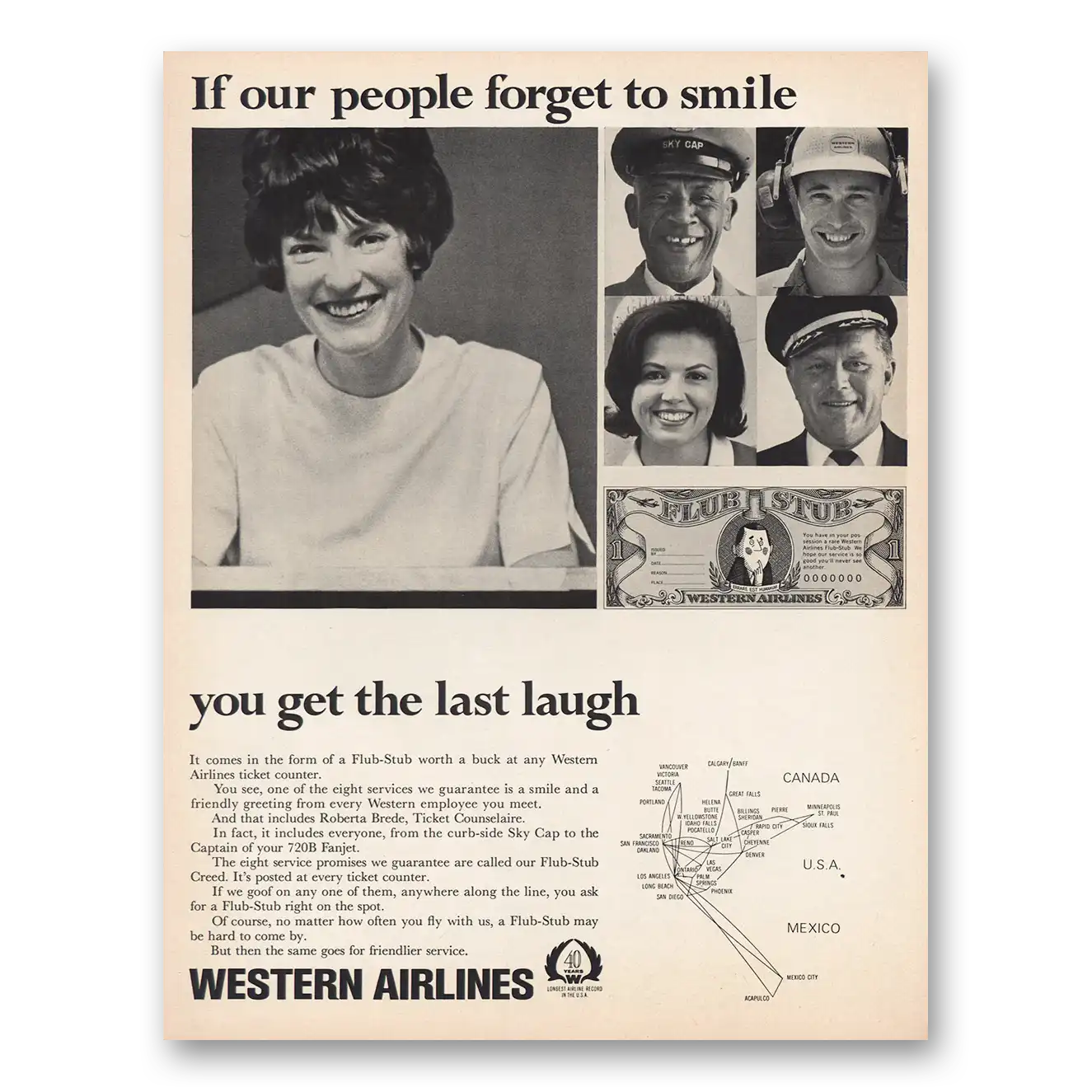 1966 Western Air Lines Print Ad | If Our People Forget Smile