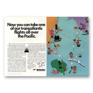 1967 British Airways BOAC Print Ad | Transatlantic Flights All Over Pacific