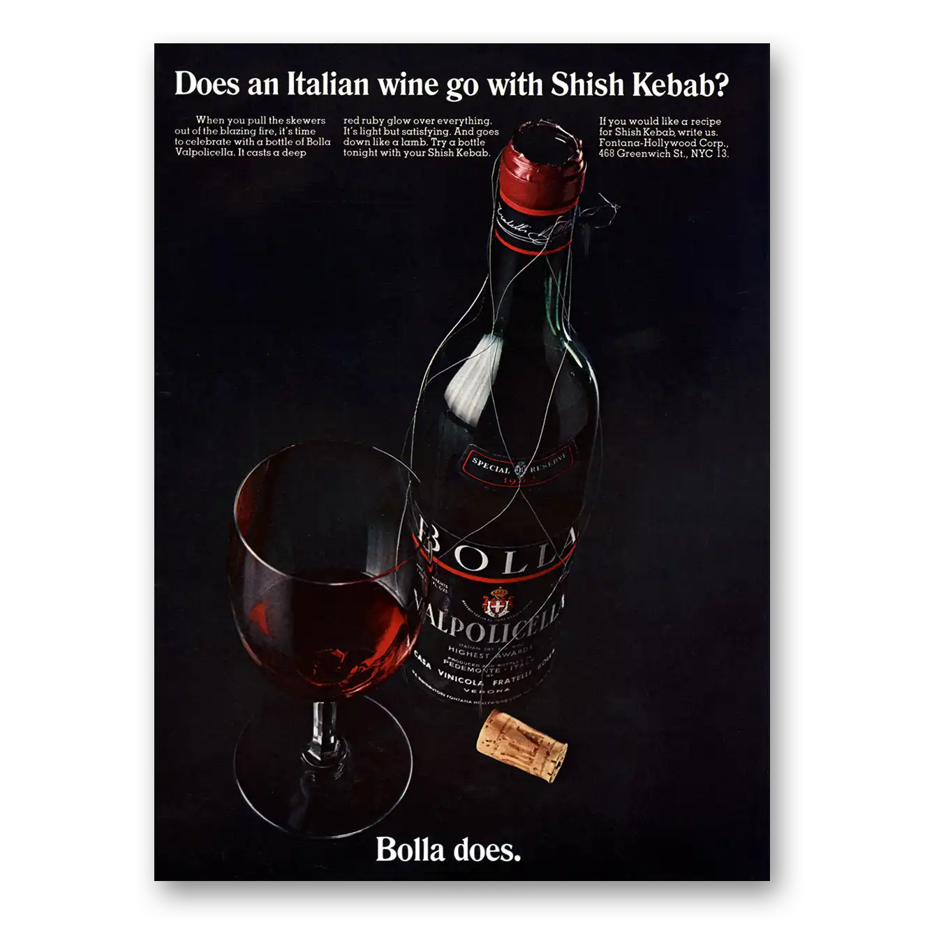 1967 Bolla Italian Wine Print Ad | Shish Kebab