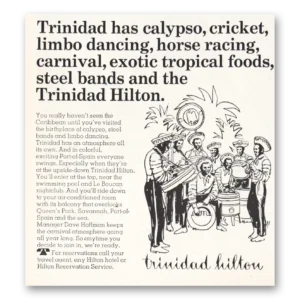 1967 Hilton Hotels Print Ad | Calypso Cricket Limbo Dancing