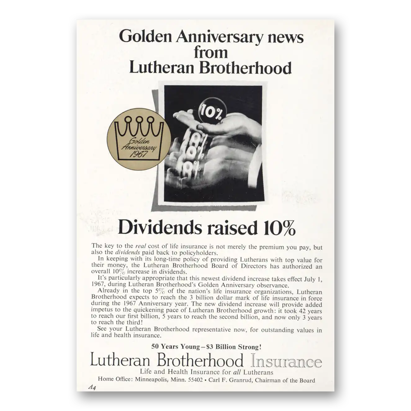 1967 Lutheran Brotherhood Insurance Print Ad | Golden Anniversary