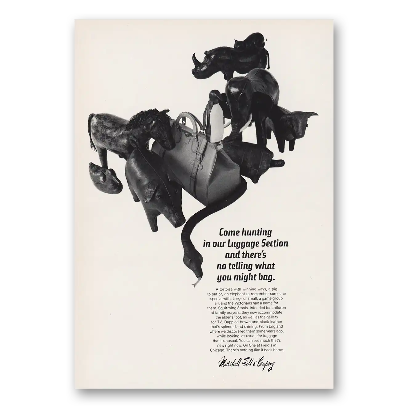 1967 Marshall Field Print Ad | Come Hunting Luggage Section