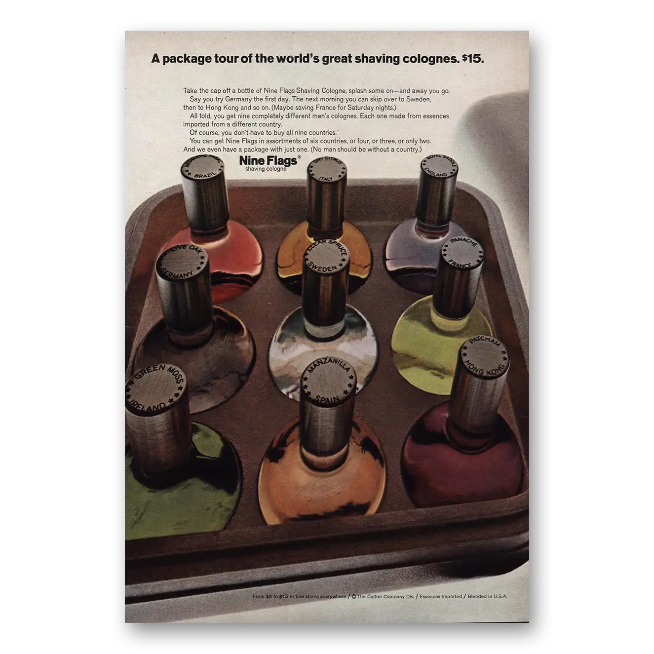 1967 Nine Flags Print Ad | Package Tour Shaving Colognes