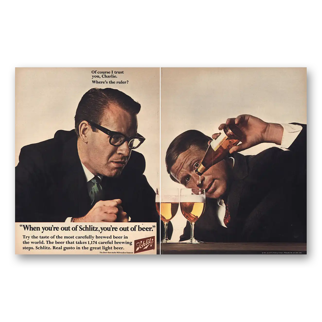 1967 Schlitz Beer Print Ad | Of Course I Trust You Charlie