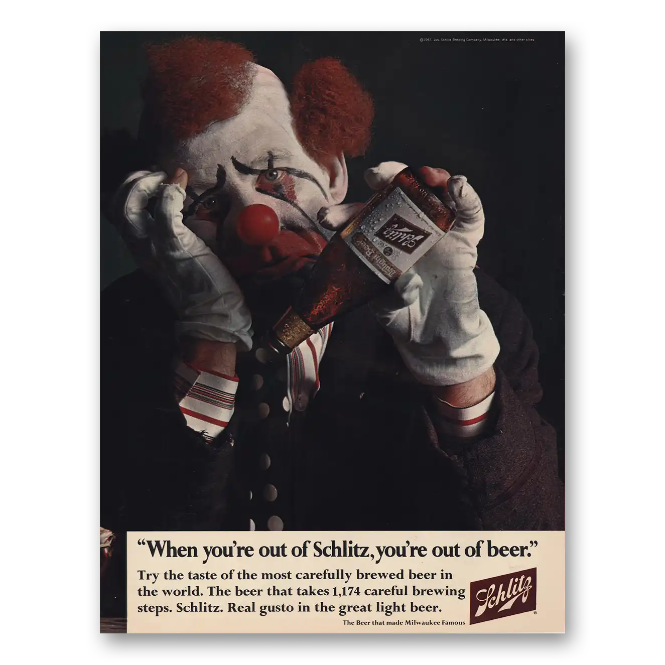 1967 Schlitz Beer Print Ad | When You're Out Of Schlitz Clown
