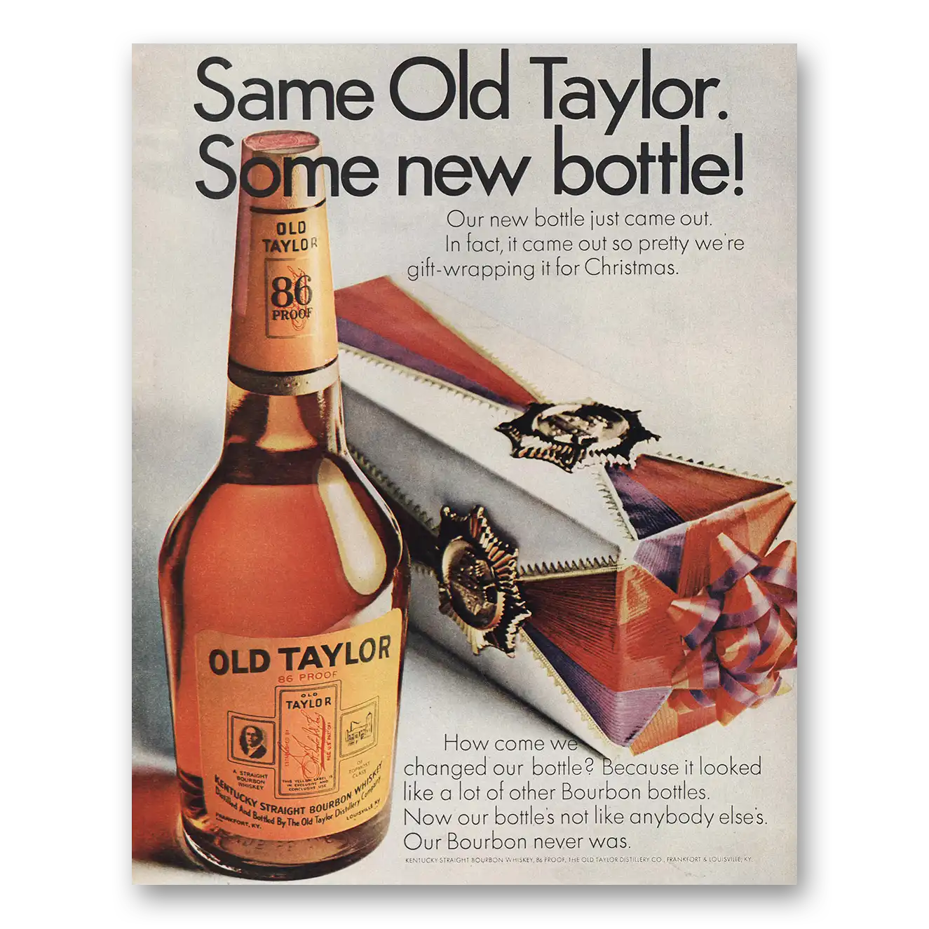 1967 Old Taylor Bourbon Whiskey Print Ad | New Bottle