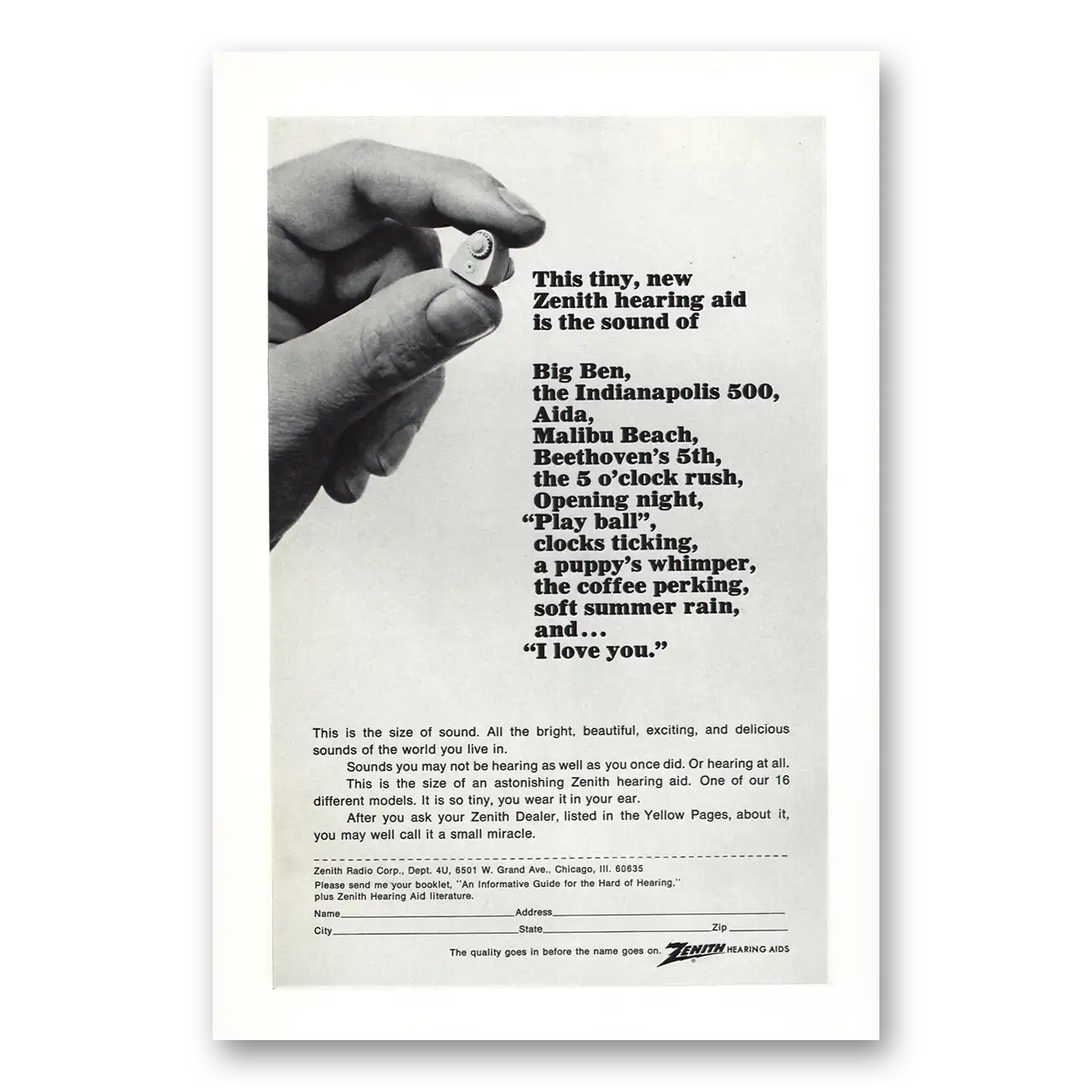 1967 Zenith Hearing Aid Print Ad | Size Sound