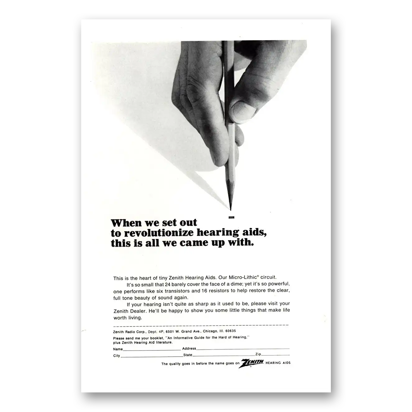1967 Zenith Hearing Aid Print Ad | Micro Lithic Circuit