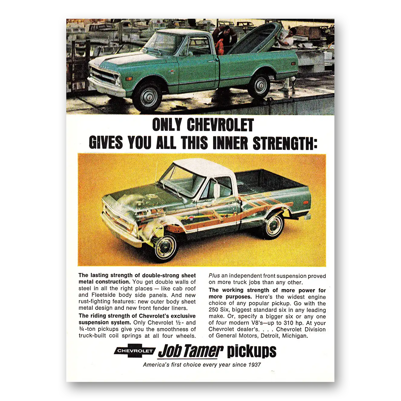 1968 Chevrolet Job Tamer Pickup Print Ad | Inner Strength