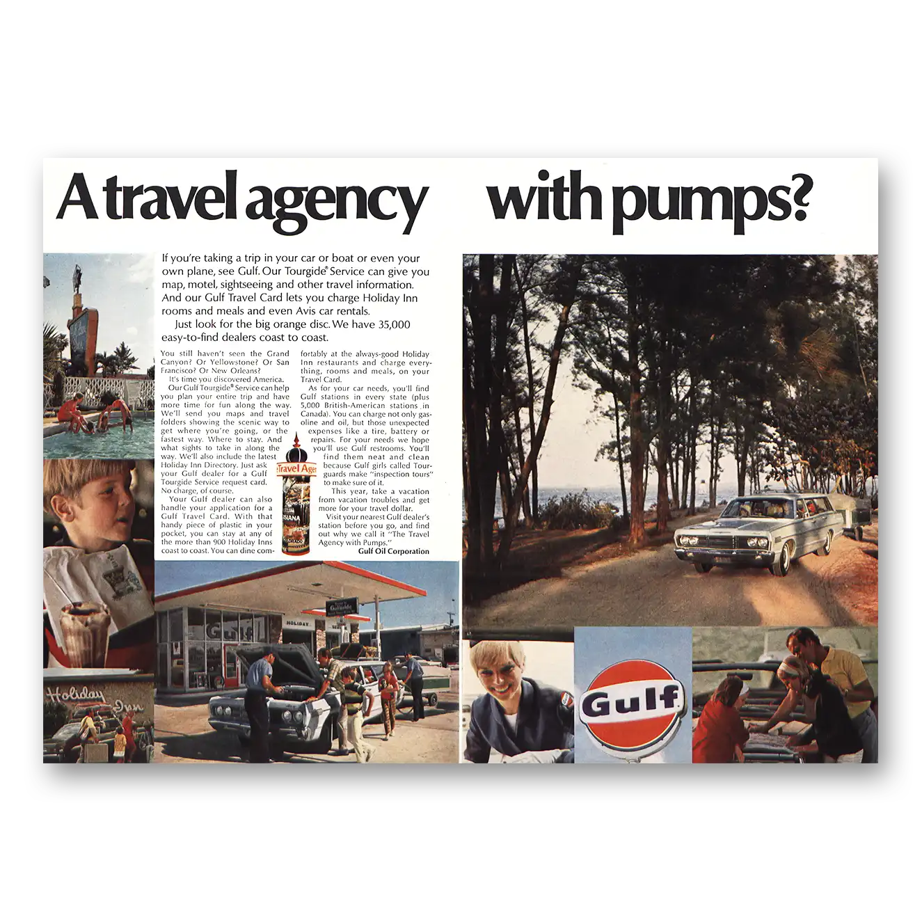1968 Gulf Oil Print Ad | Travel Agency With Pumps
