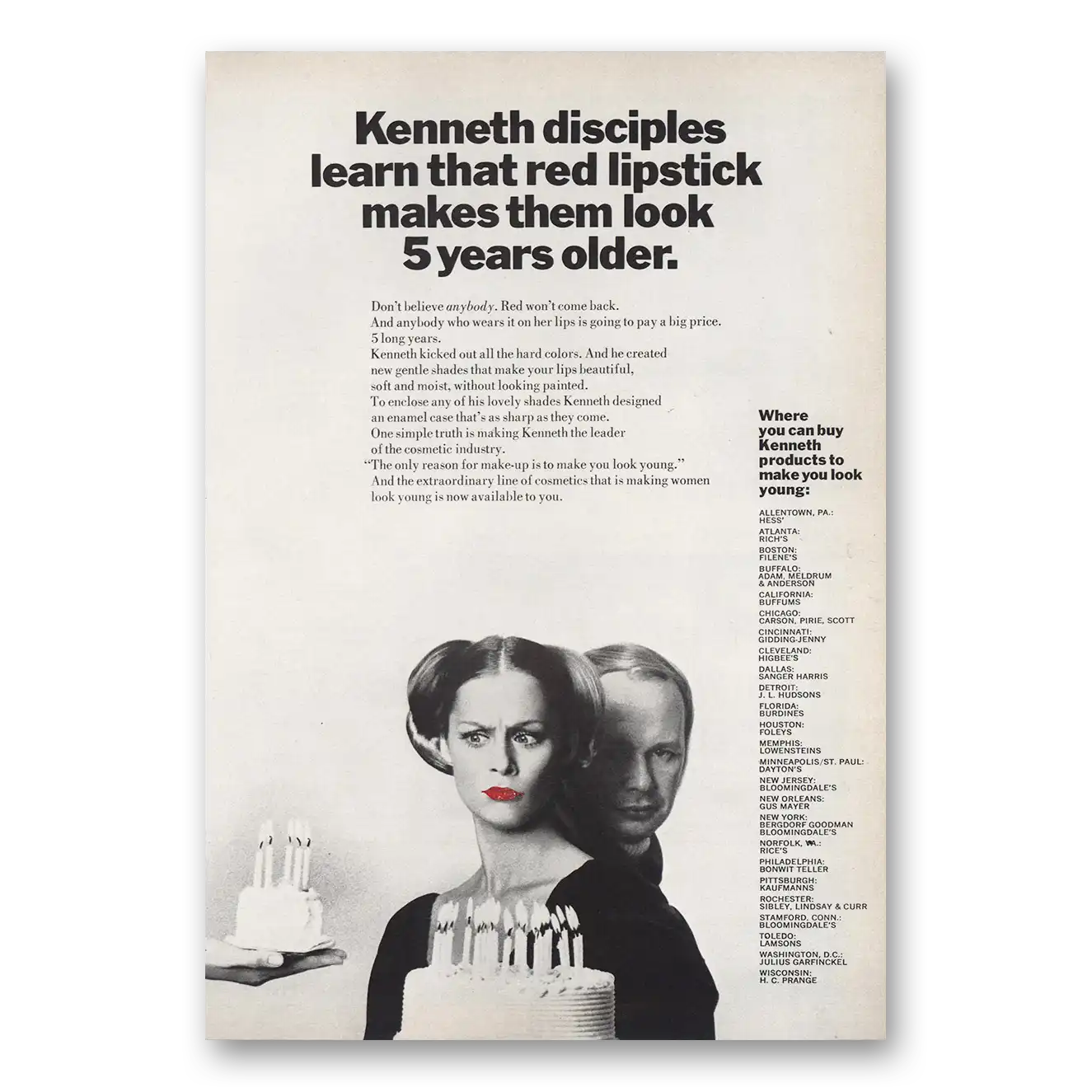1968 Kenneth Print Ad | Red Lipstick Makes Them Look 5 Years Older