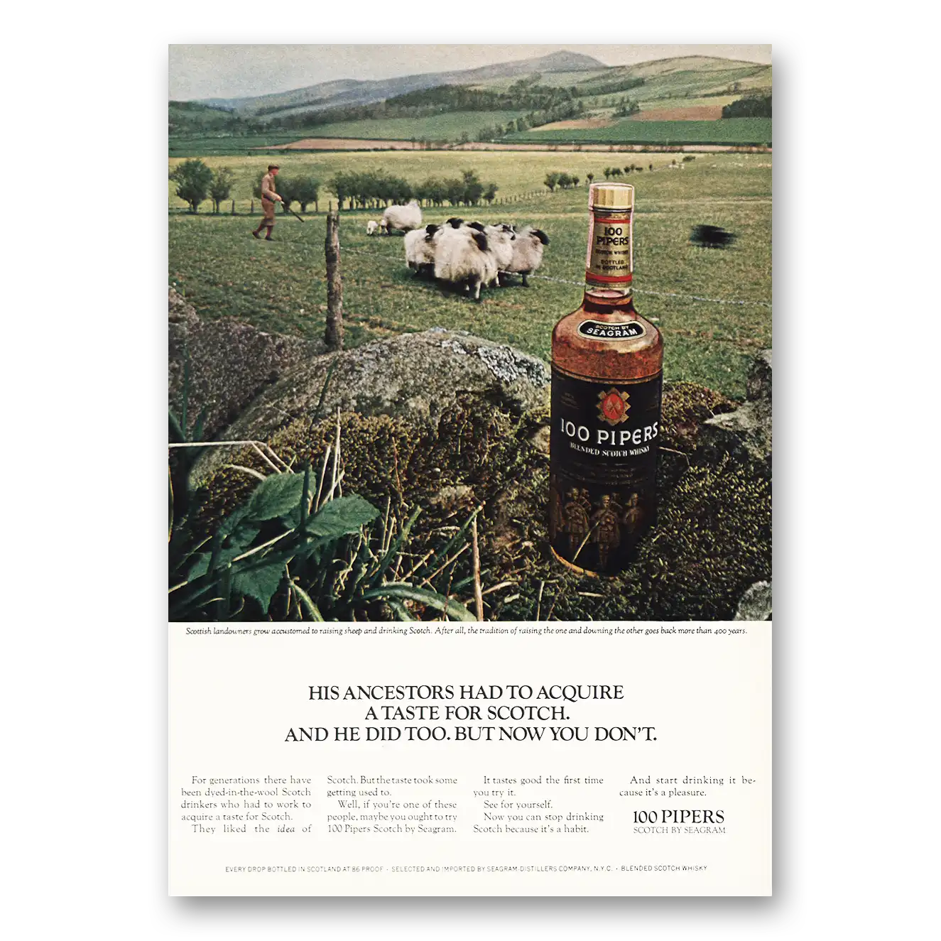 1968 100 Pipers Print Ad | Ancestors Had To Acquire Taste