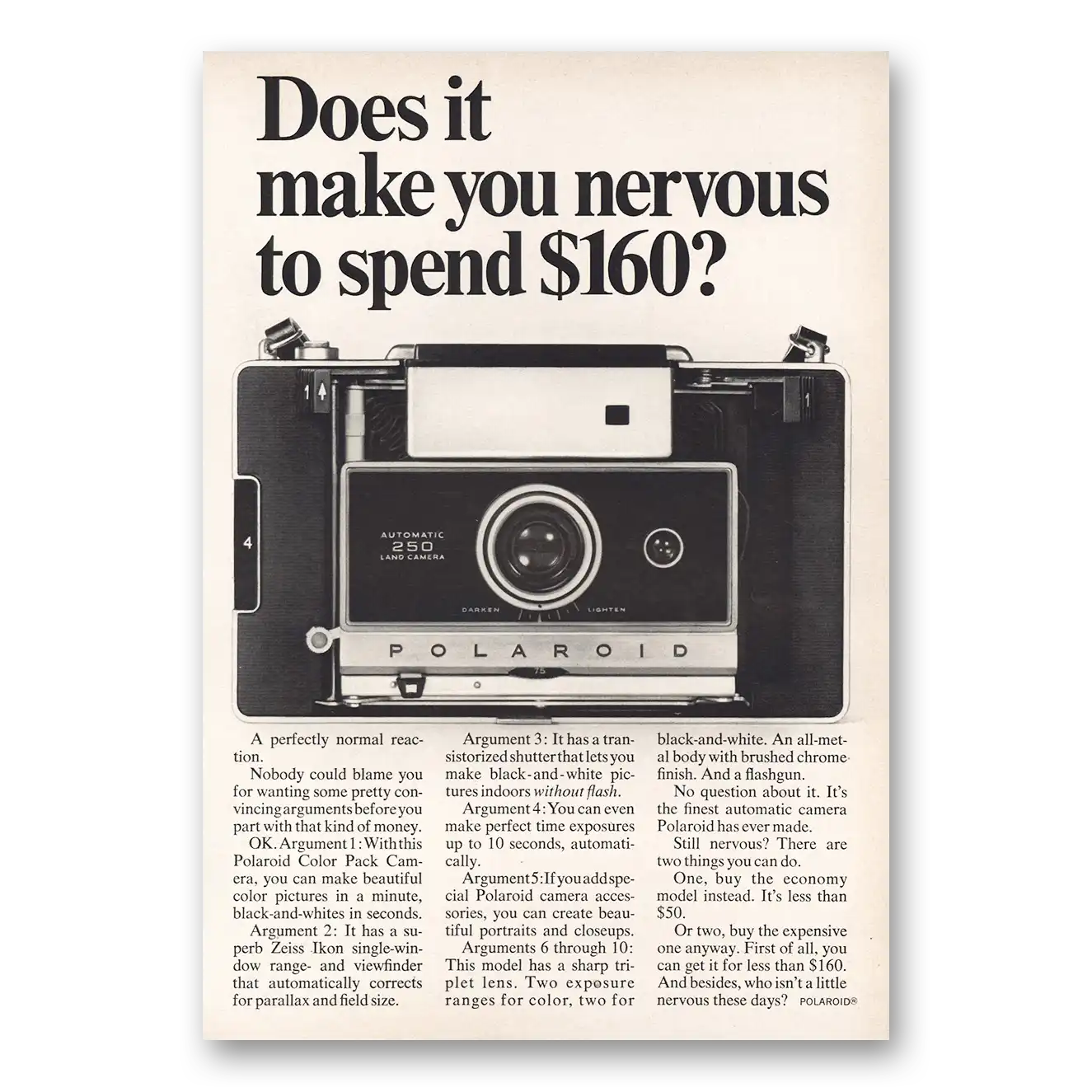 1968 Polaroid Land Camera Print Ad | Does It Make You Nervous To Spend 160