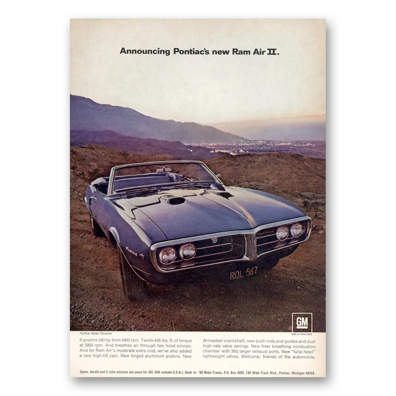 1968 Pontiac Ram Air II Convertible Print Ad | Grooms 340 Hp