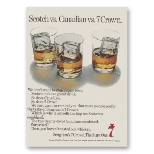 1968 Seagrams 7 Crown Whiskey Print Ad | Scotch Vs Canadian