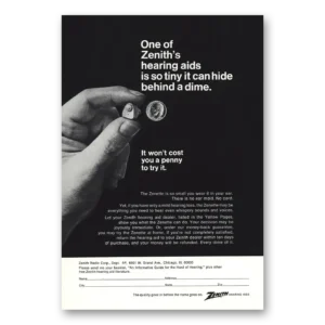 1968 Zenith Hearing Aid Print Ad | So Tiny It Can Hide Behind Dime