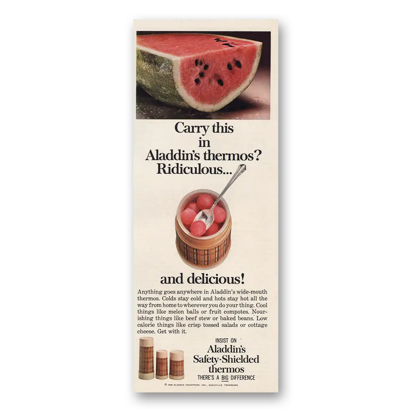 1969 Aladdin Thermos Print Ad | Carry This