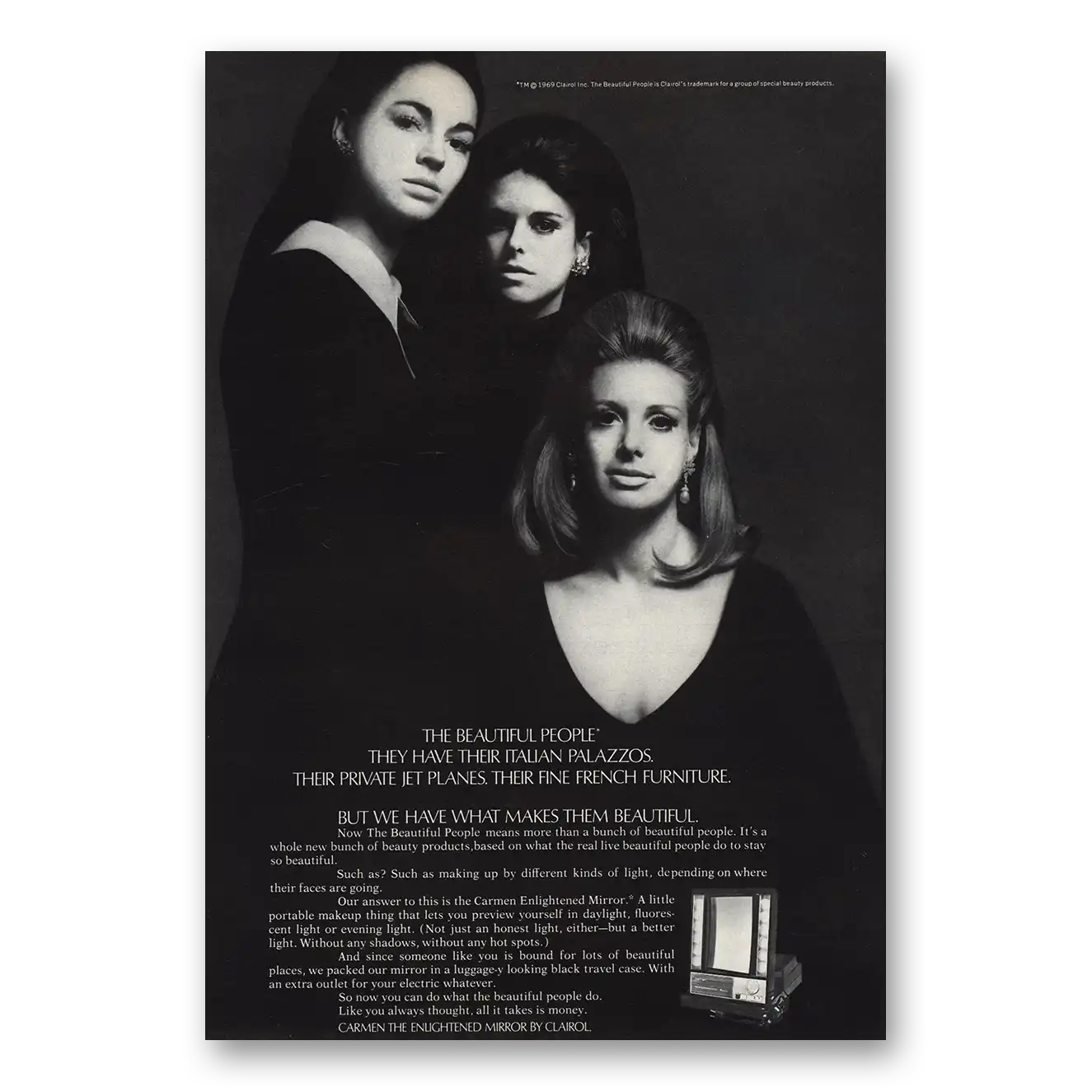 1969 Carmen the Enlightened Mirror Print Ad | Beautiful People