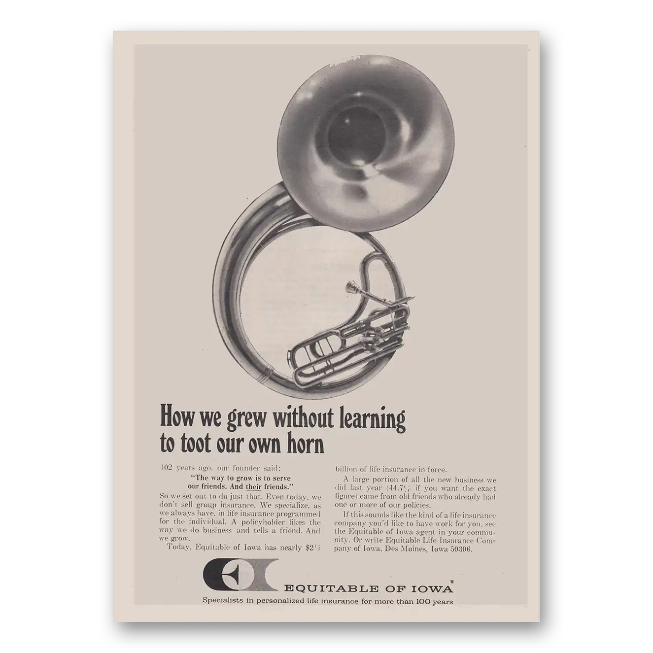 1969 Equitable of Iowa Print Ad | Toot Own Horn