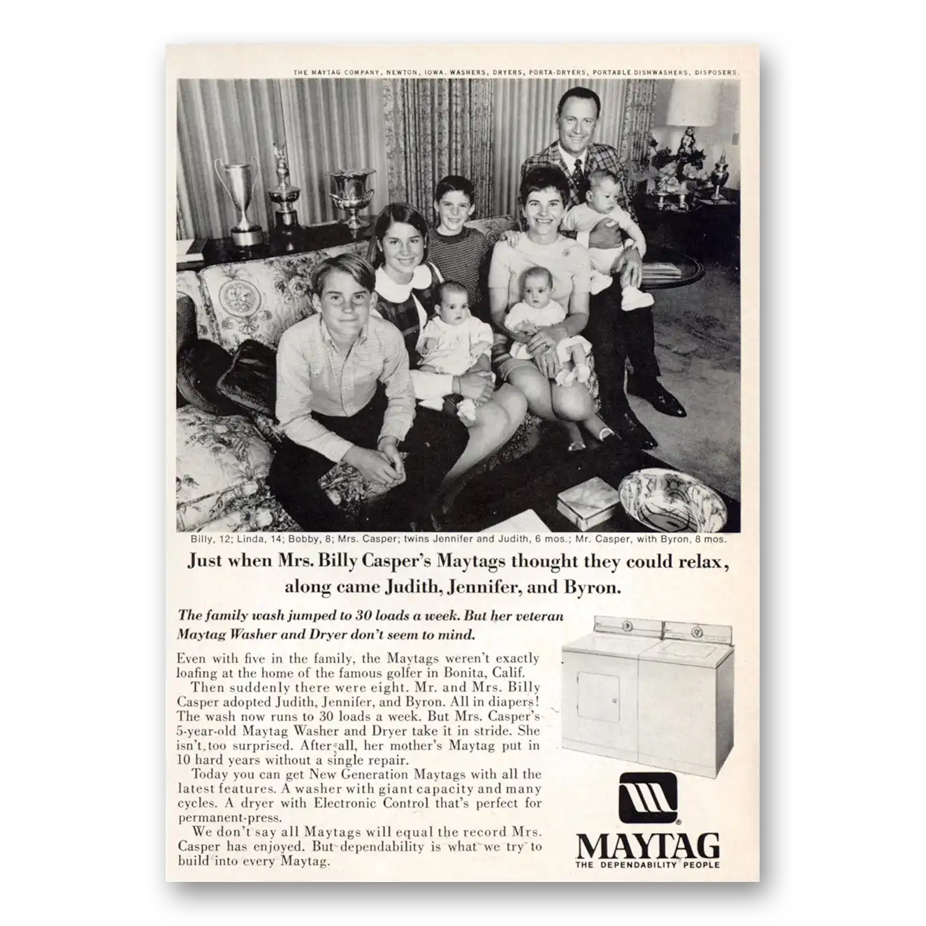 1969 Maytag Washer Dryer Print Ad | Mrs Billy Casper