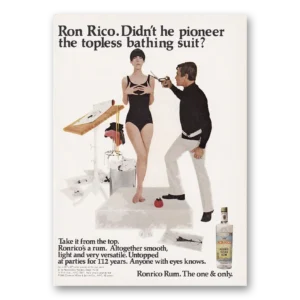 1969 Ronrico Rum Print Ad | Topless Bathing Suit