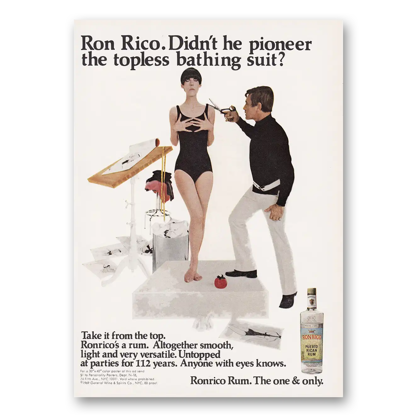 1969 Ronrico Rum Print Ad | Topless Bathing Suit