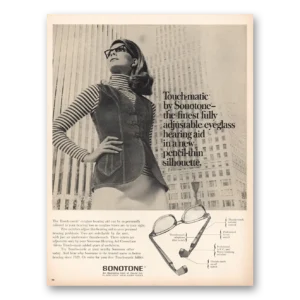 1969 Sonotone Hearing Aid Print Ad | Adjustable Eyeglass