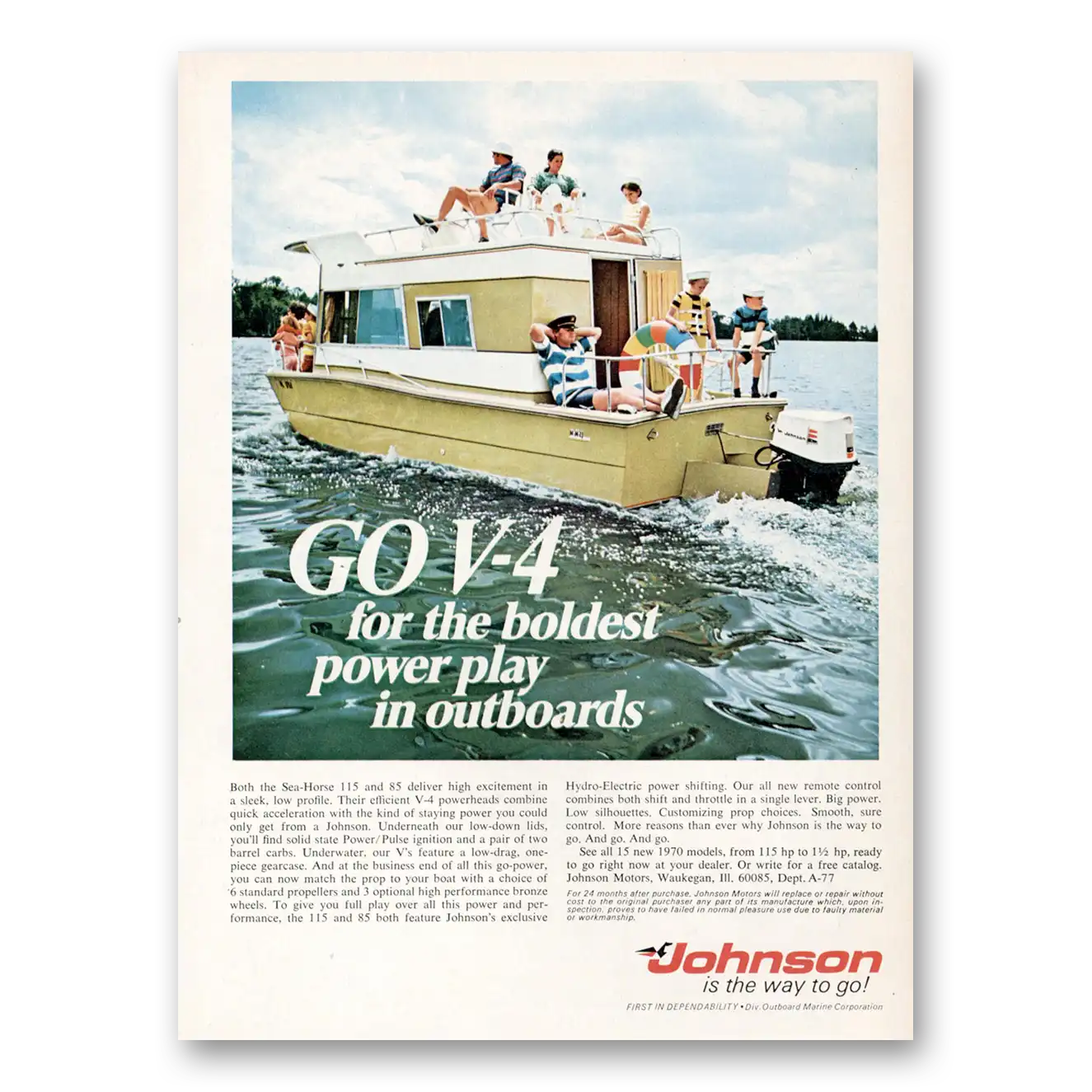 1970 Johnson Sea Horse Motors Print Ad | Houseboat