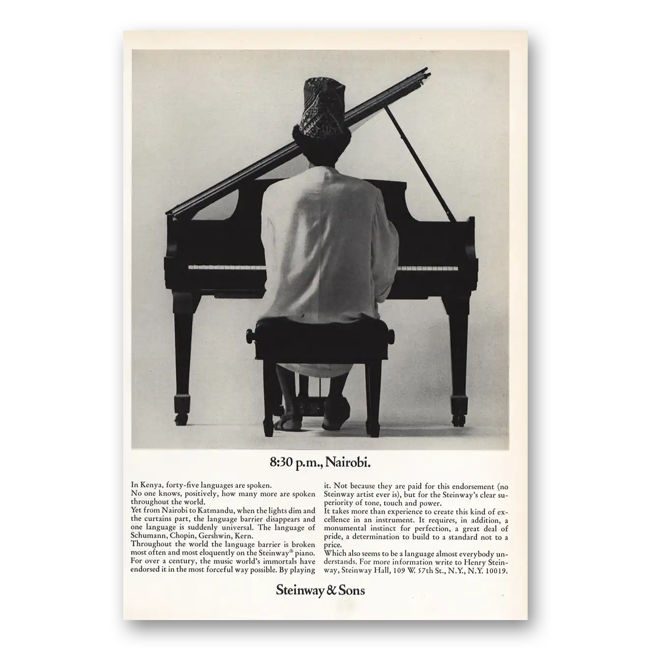 1970 Steinway Piano Print Ad | Nairobi