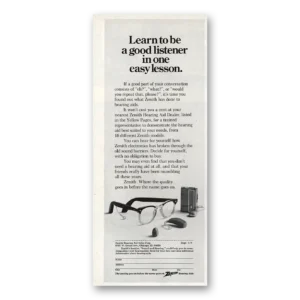 1970 Zenith Hearing Aid Print Ad | Good Listener