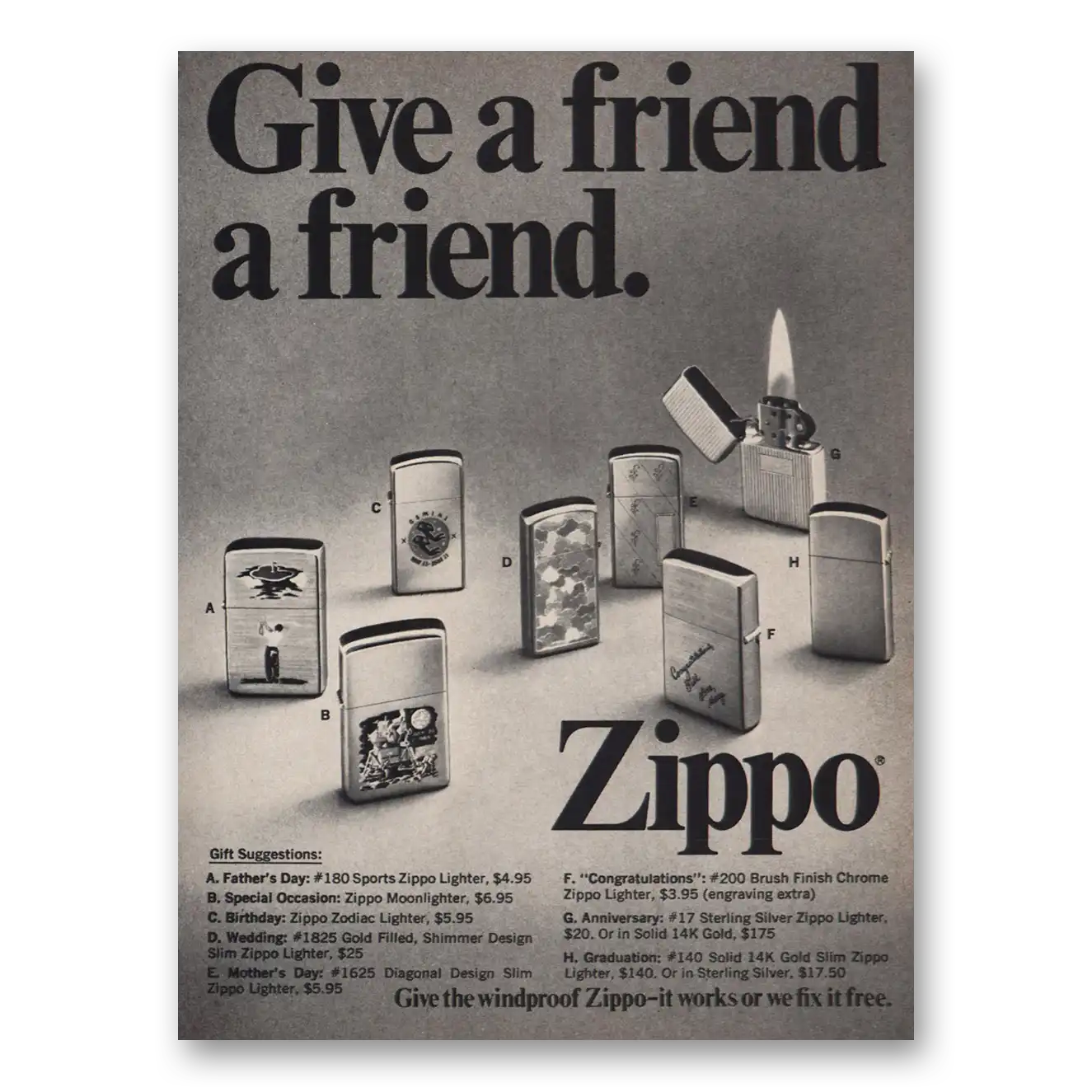 1970 Zippo Lighter Print Ad | Give Friend