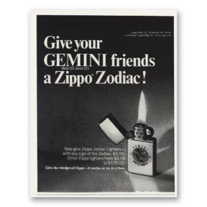 1970 Zippo Lighter Print Ad | Gemini Friends Zippo Zodiac