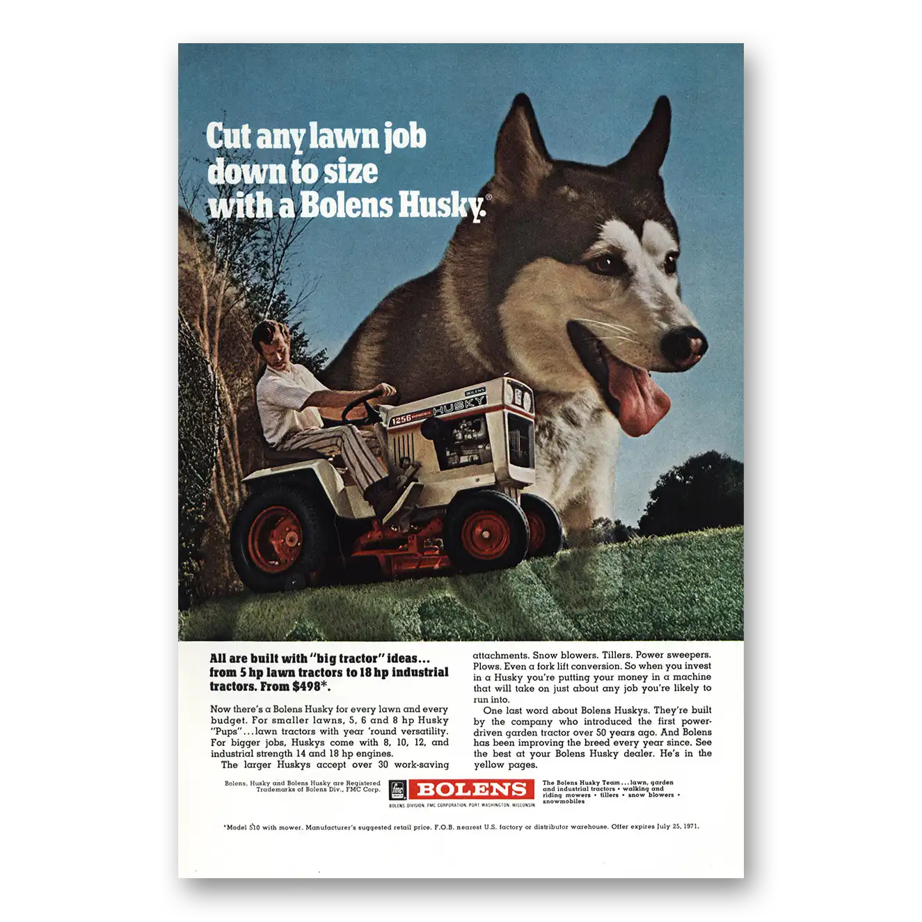 1971 Bolens Husky Tractor Print Ad | Cut Any Lawn