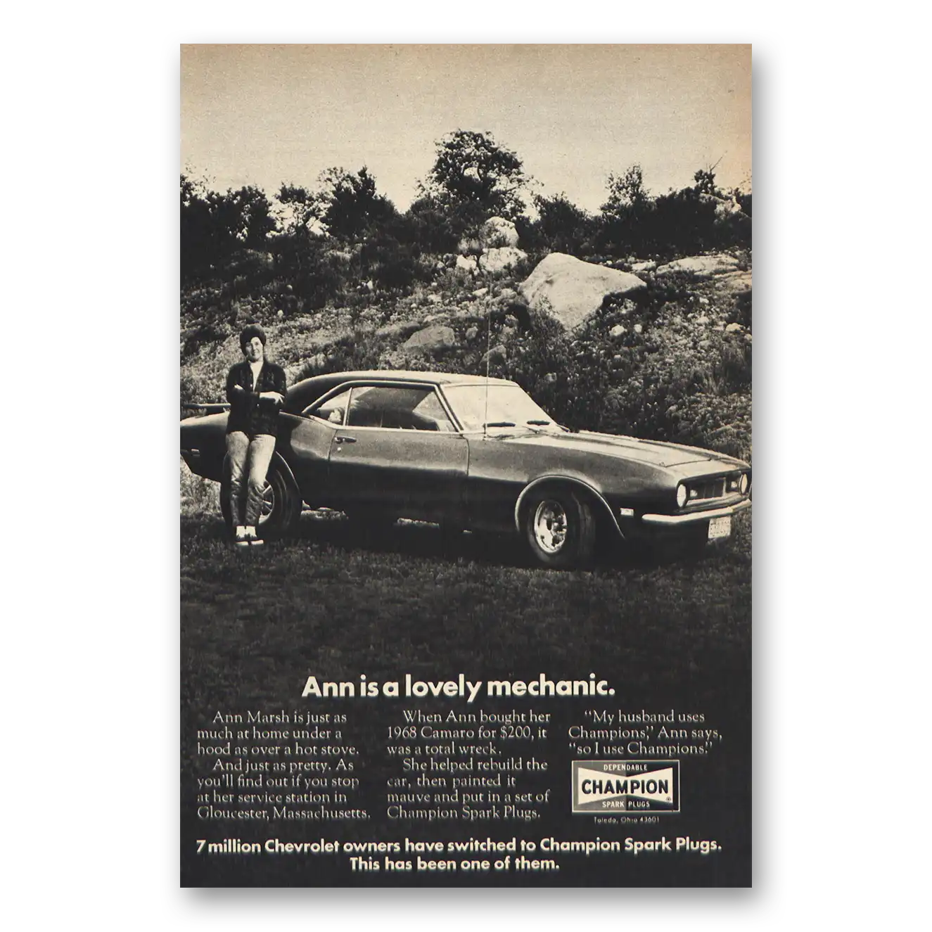 1971 Champion Spark Plugs Print Ad | Ann Lovely Mechanic