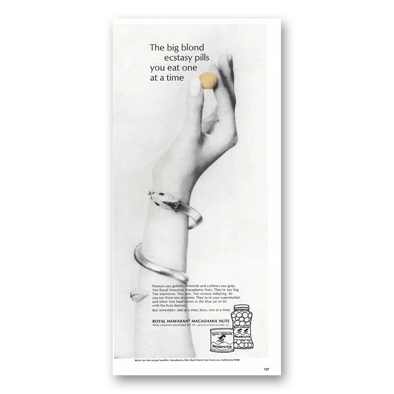 1971 Royal Hawaiian Macadamia Nuts Print Ad | Big Blond Ectasy Pills