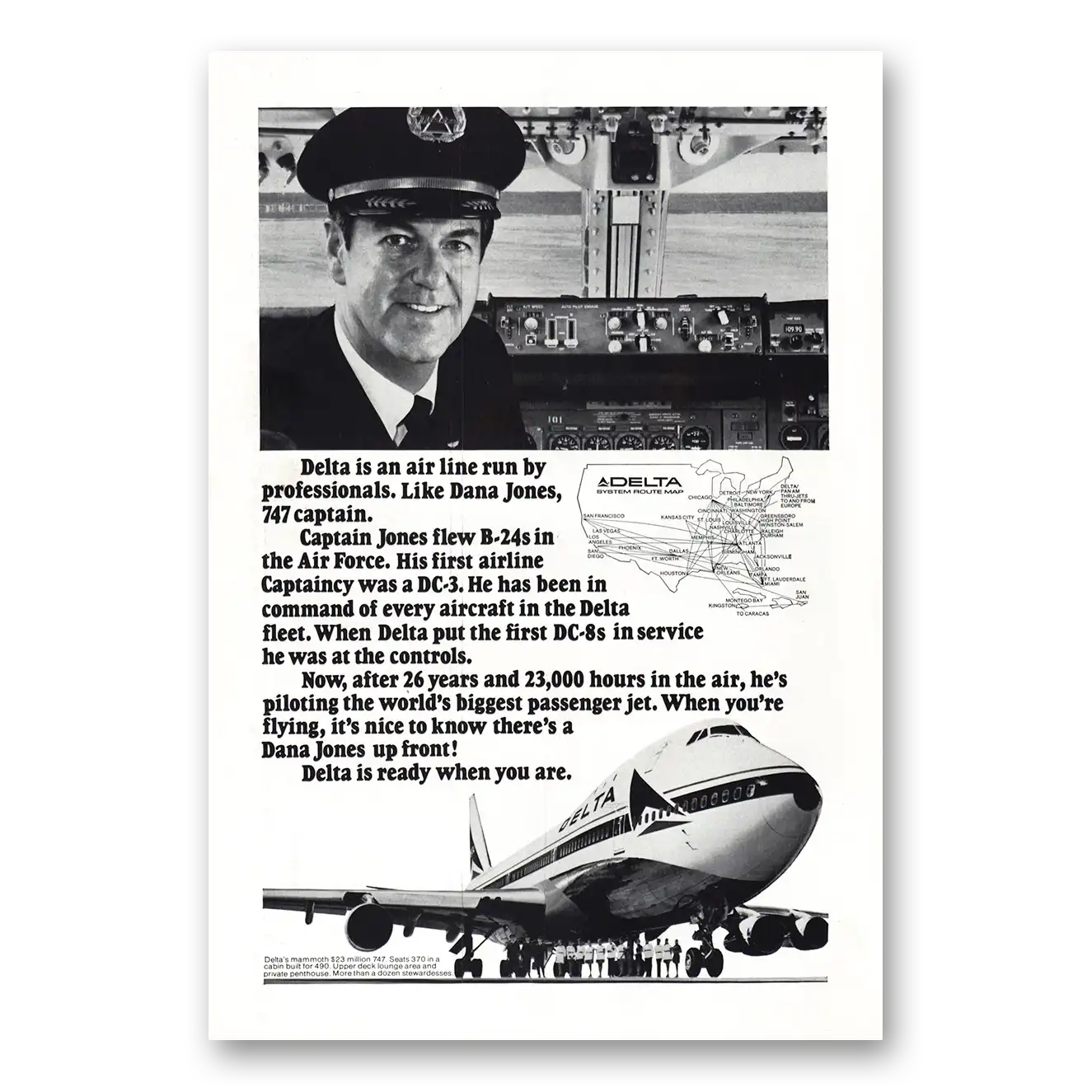 1972 Delta Air Lines Print Ad | Dana Jones 747 Captain