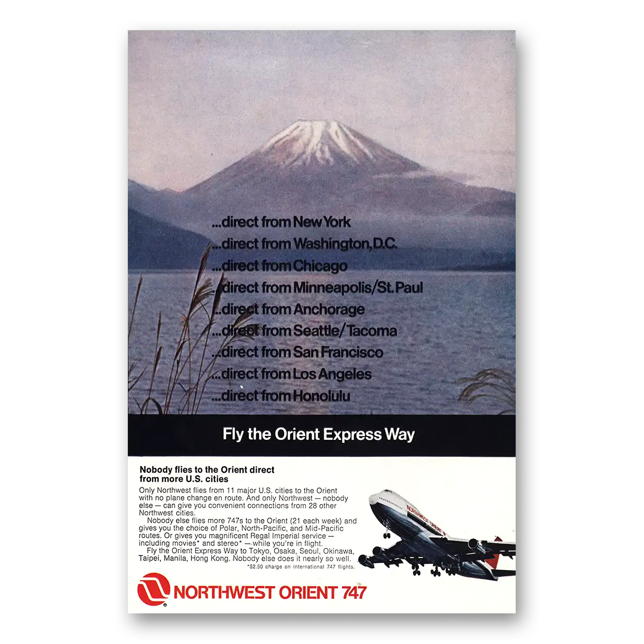1972 Northwest Orient Airlines Print Ad | Nobody Flies Direct