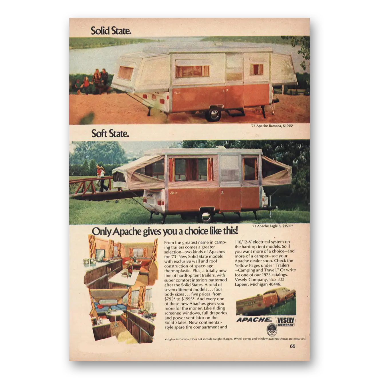 1973 Apache Ramada Camping Trailer Print Ad | Solid State Soft State