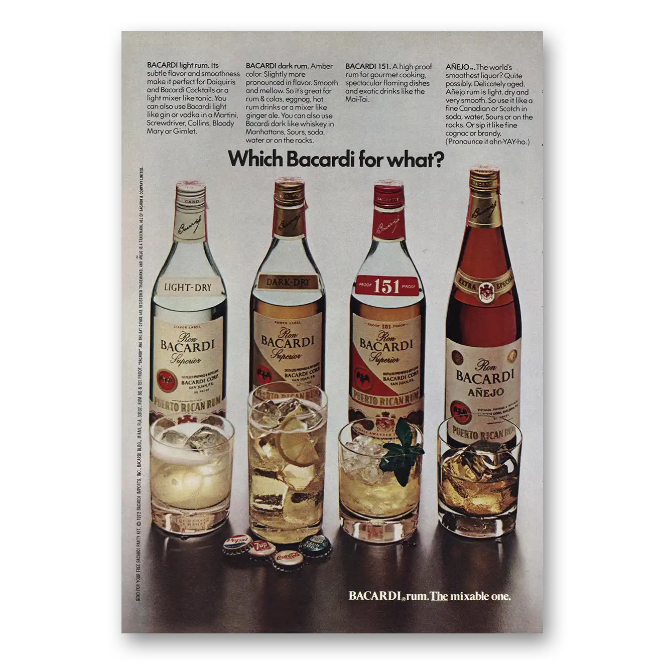 1973 Bacardi Print Ad | Which Bacardi For What