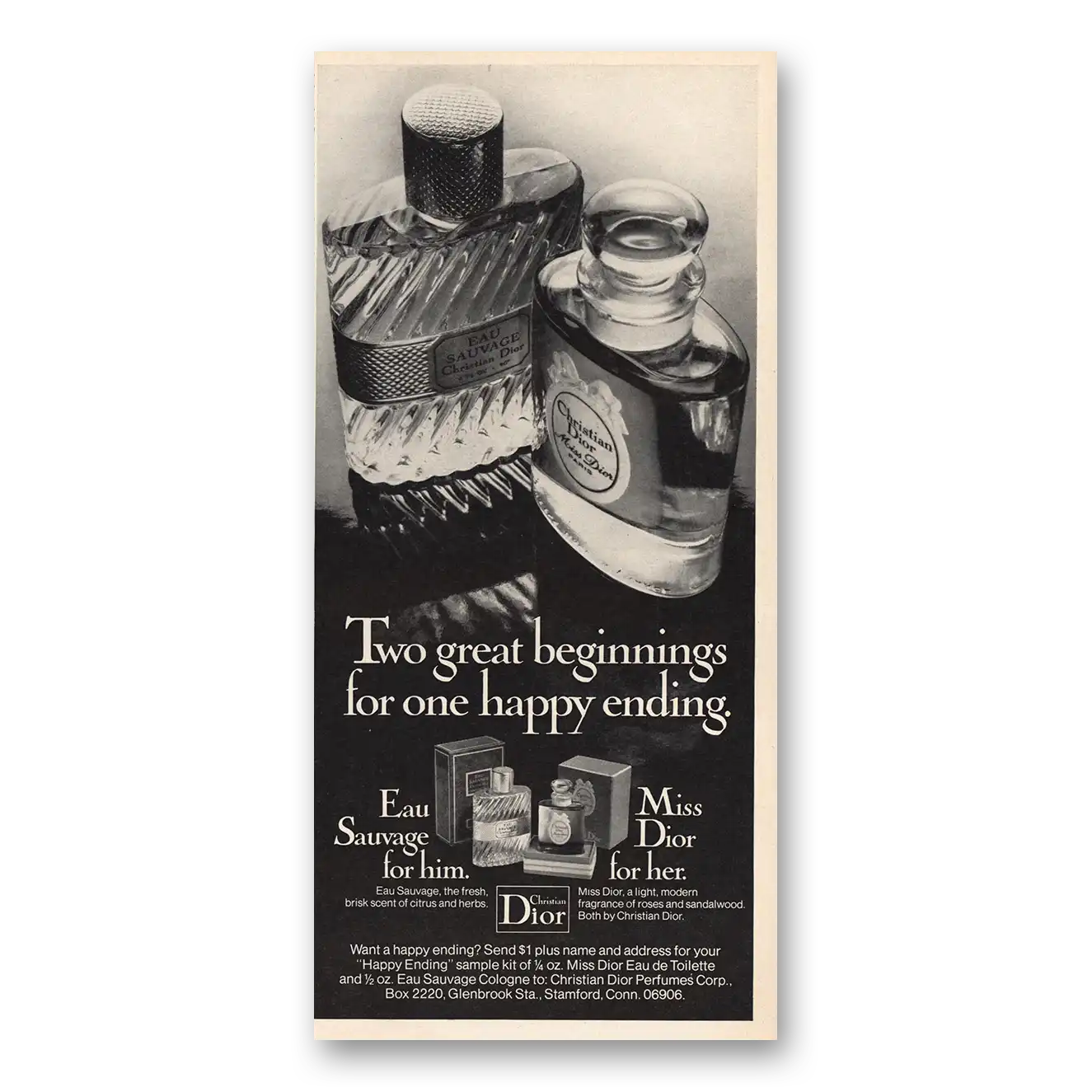 1973 Christian Dior Print Ad | Two Great Beginnings One Happy Ending