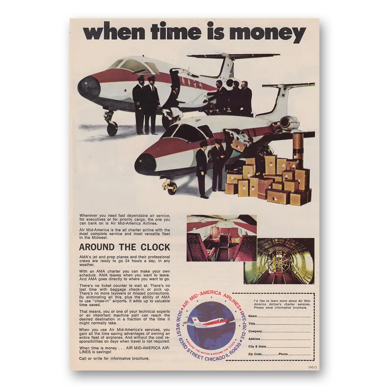 1973 Air Mid America Airlines Print Ad | Time Is Money