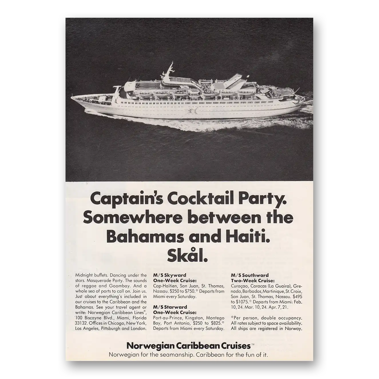 1973 Norwegian Caribbean Lines Print Ad | Cocktail Party