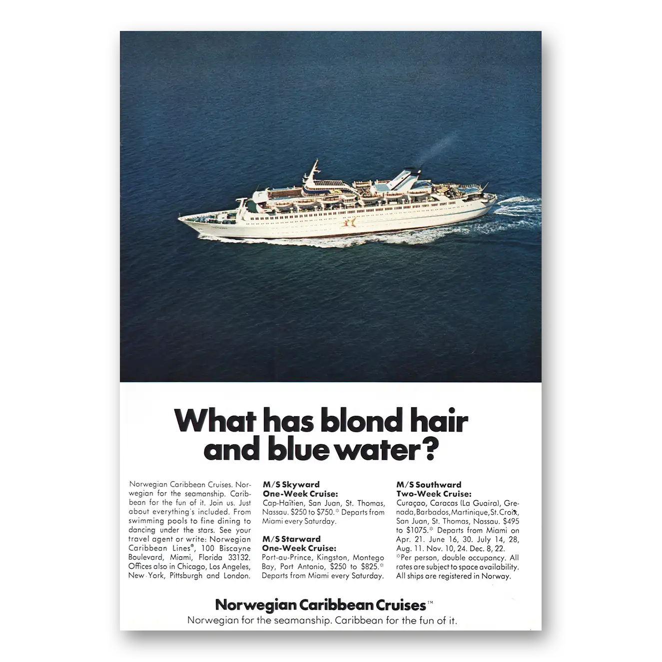 1973 Norwegian Caribbean Lines Print Ad | Blond Hair Blue Water