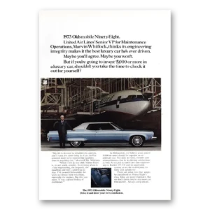 1973 Oldsmobile Ninety Eight Print Ad | United Airlines