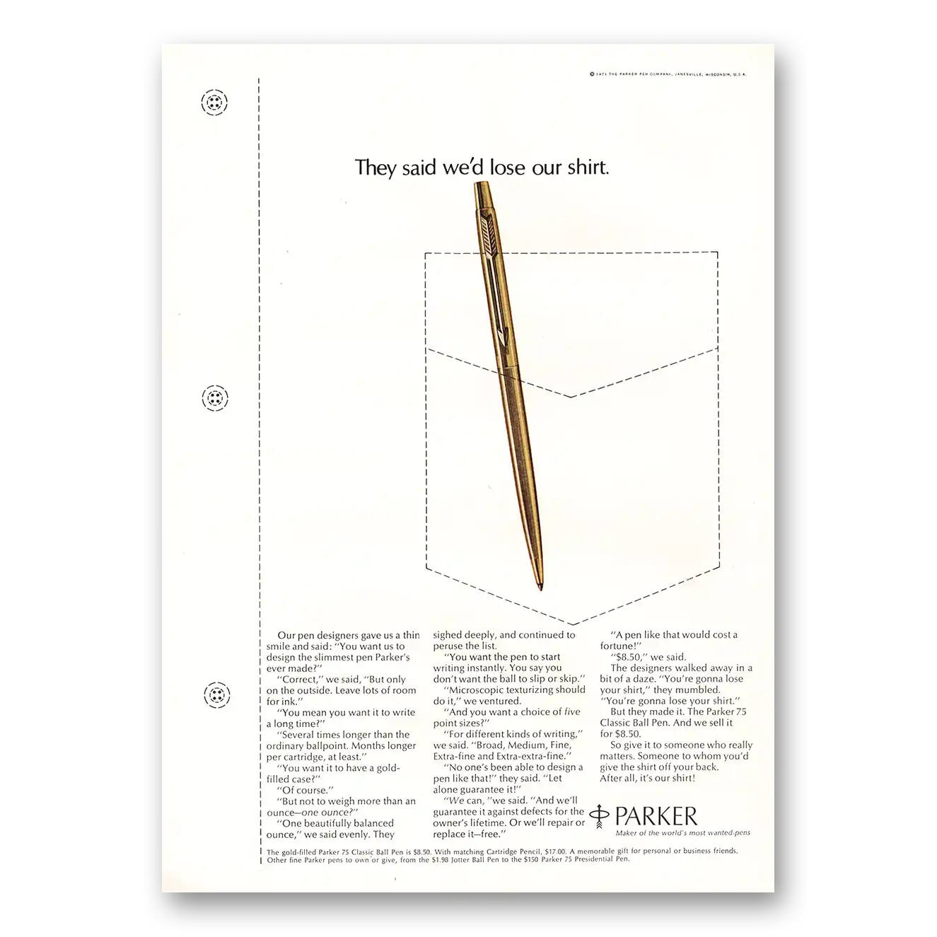 1973 Parker 75 Pen Print Ad | Lose Our Shirt