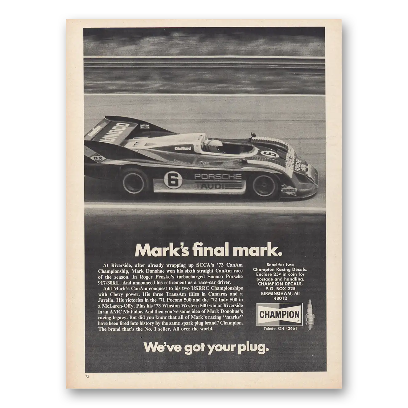 1974 Champion Spark Plugs Print Ad | Marks Final Mark